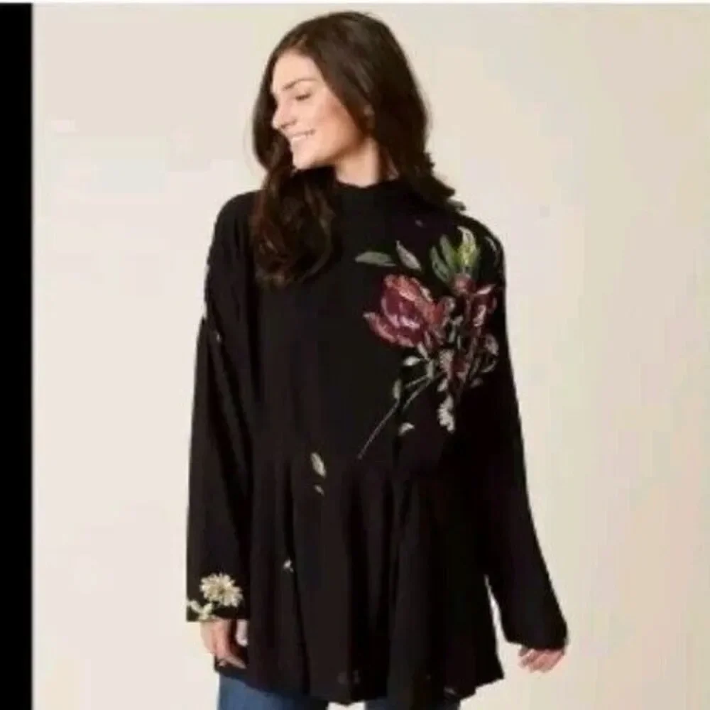 Free People Gemma Black Embroidered Floral Tie Open Back Tunic/Mini Dress Sz S‎
